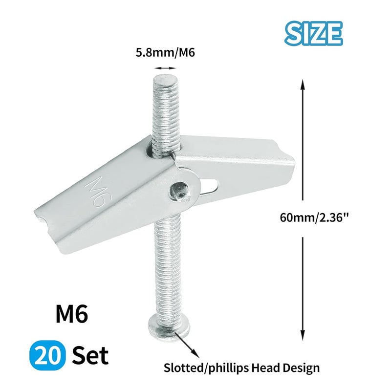 Uenhoy 20 Pcs M6 Toggle Bolts and Wing Nuts Kit, Heavy Duty Wall Anchors and Screw Bolts for Hanging Items on Drywall - 1/4" x 2 3/8", Phillips Head - Image 3